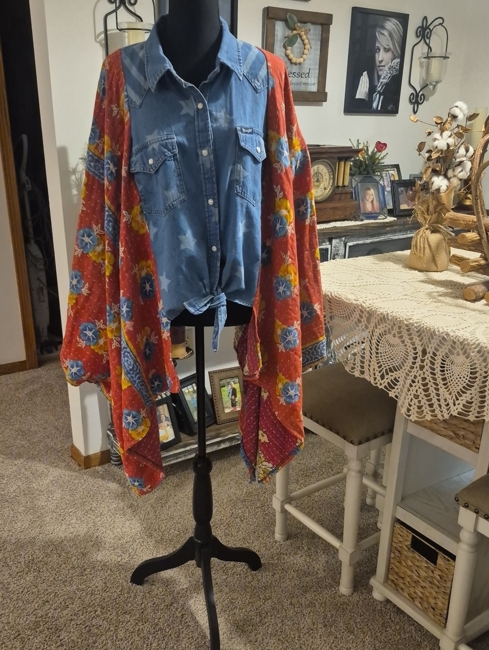 Upcycled Kantha Wrangler Red Floral Boho Kimono Cape
